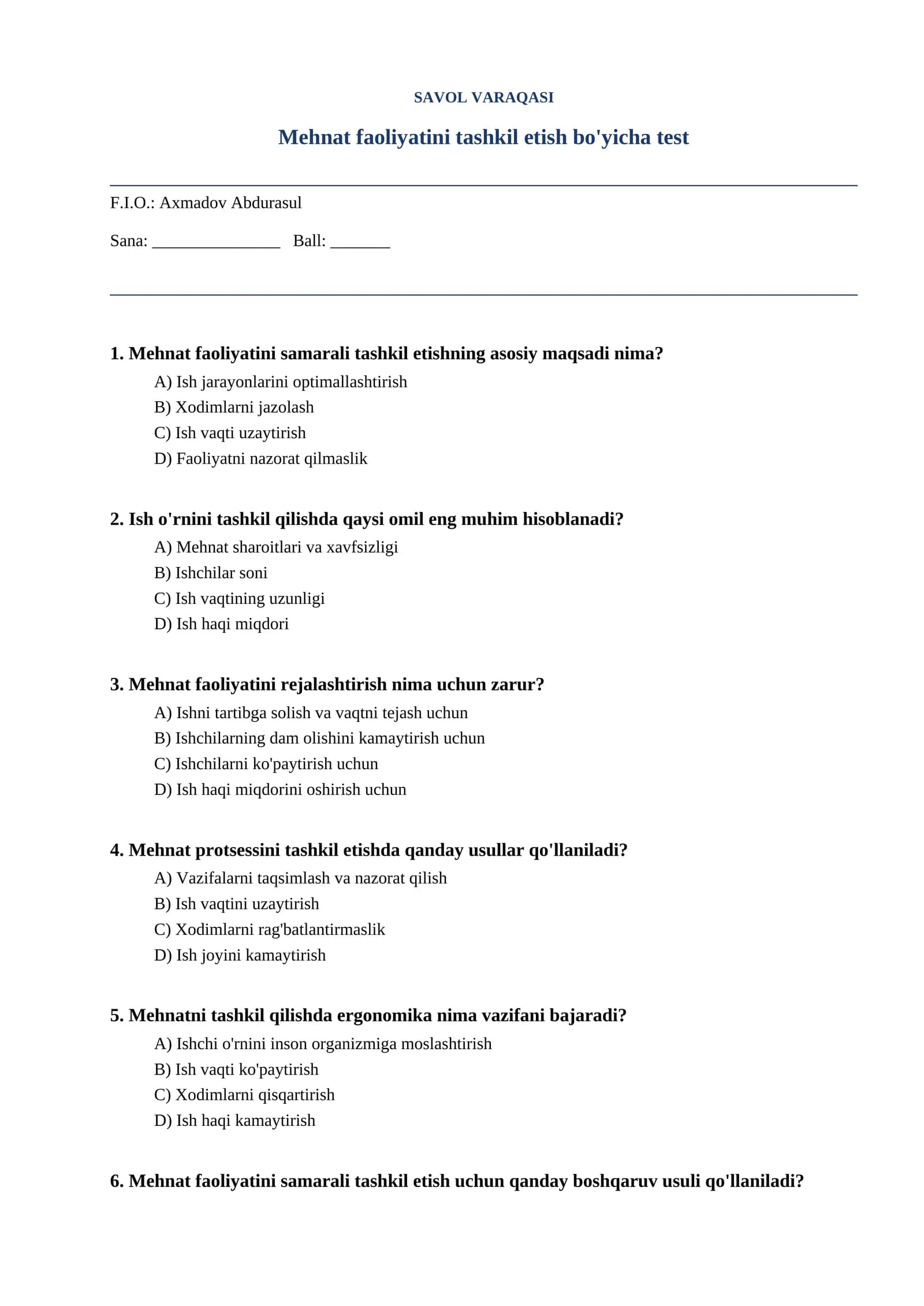 Mehnat faoliyatini tashkil etish bo'yicha test