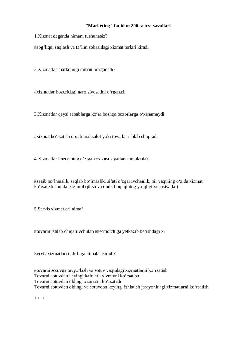 Marketing  fanidan 200 ta test savollari