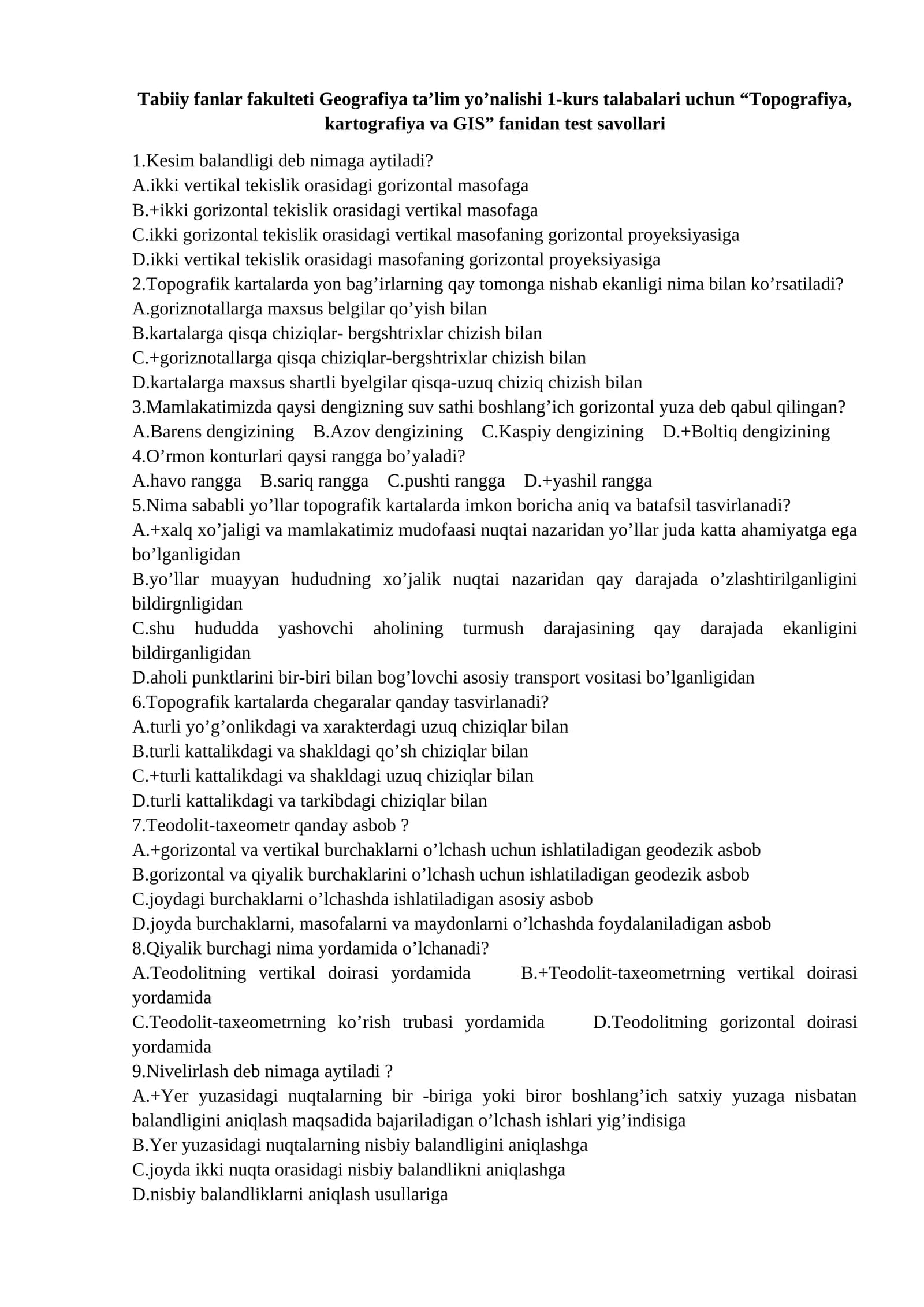 Topografiya, kartografiya va GIS test savollari
