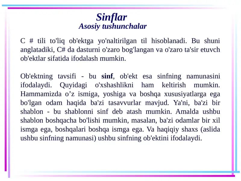 Sinflar Asosiy Tushunchalar