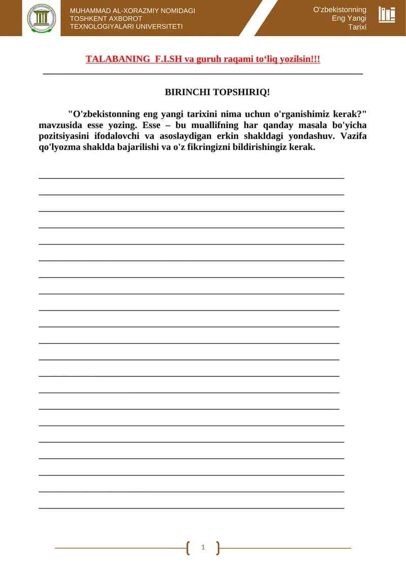 O'zbekistonning eng yangi tarixi fanidan tushadigan topshiriqlar