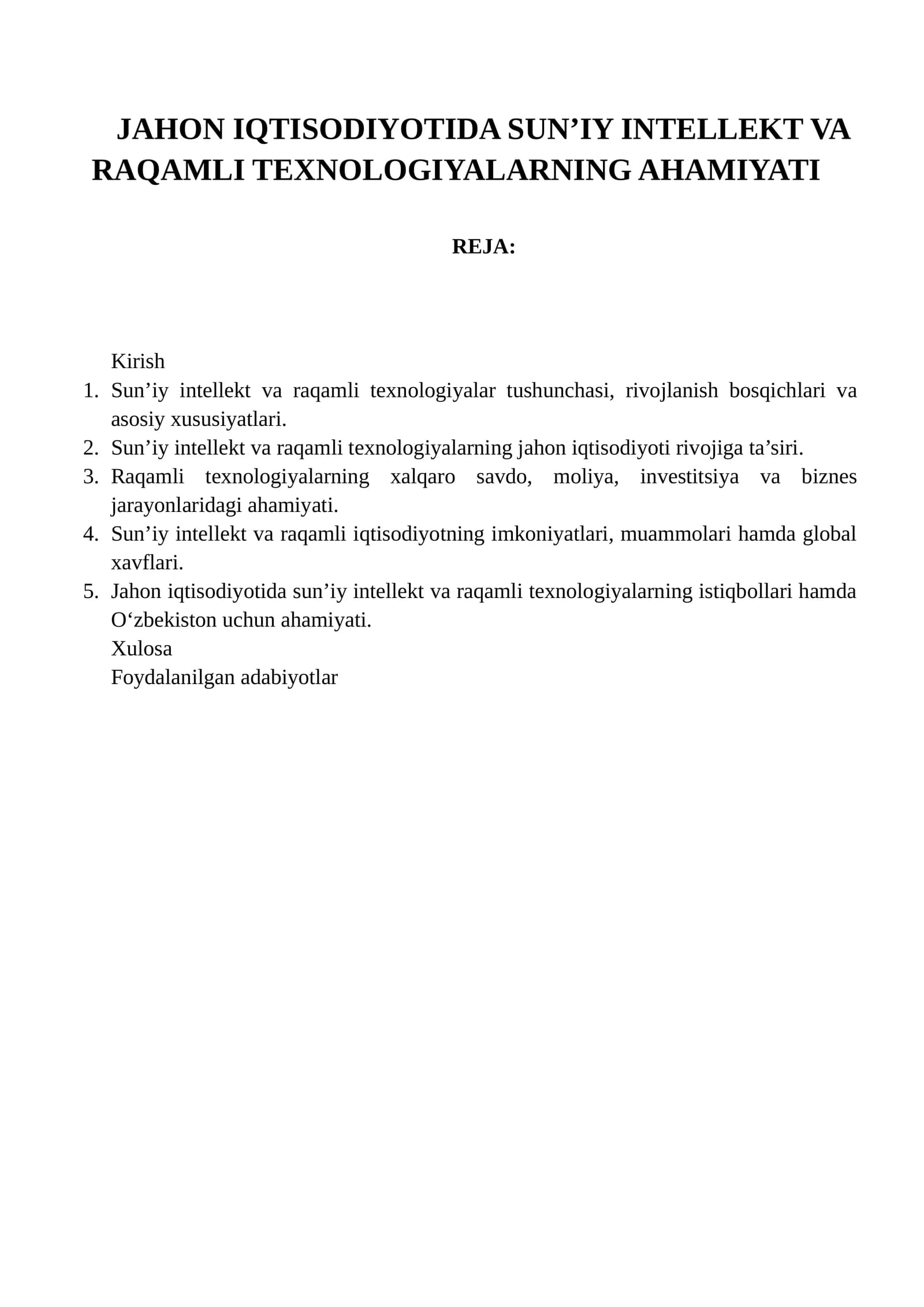 JAHON IQTISODIYOTIDA SUN’IY INTELLEKT VA RAQAMLI TEXNOLOGIYALARNING AHAMIYATI