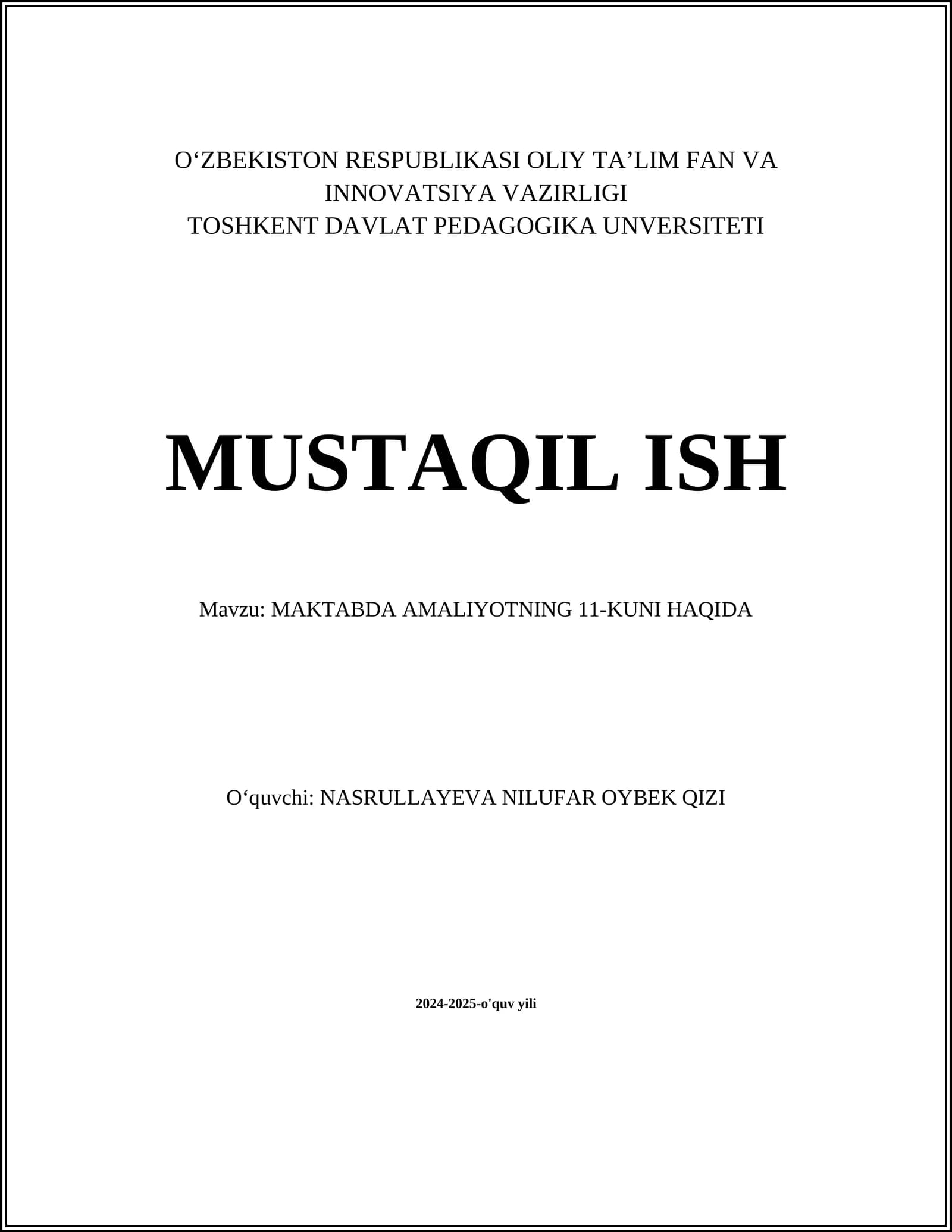 MAKTABDA AMALIYOTNING 11-KUNI HAQIDA
