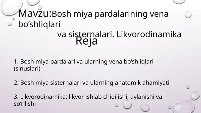 Bosh miya pardalarining vena bo’shliqlari va sisternalari. Likvorodinamika