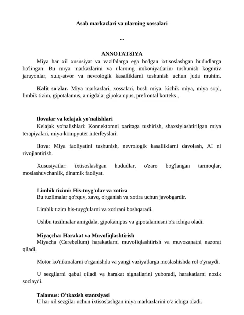 Asab markazlari va ularning xossalari