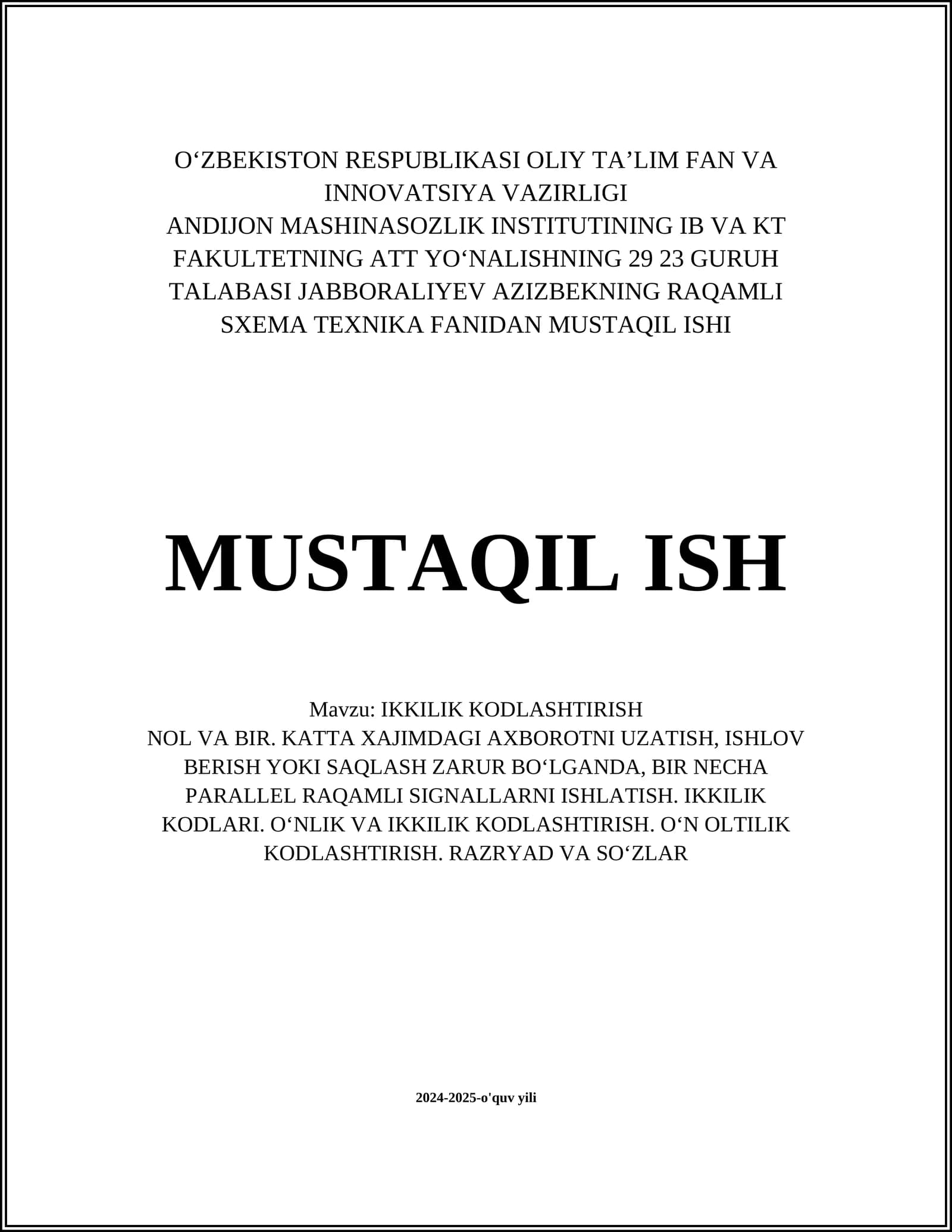 RAQAMLI SXEMA TEXNIKA FANIDAN MUSTAQIL ISHI