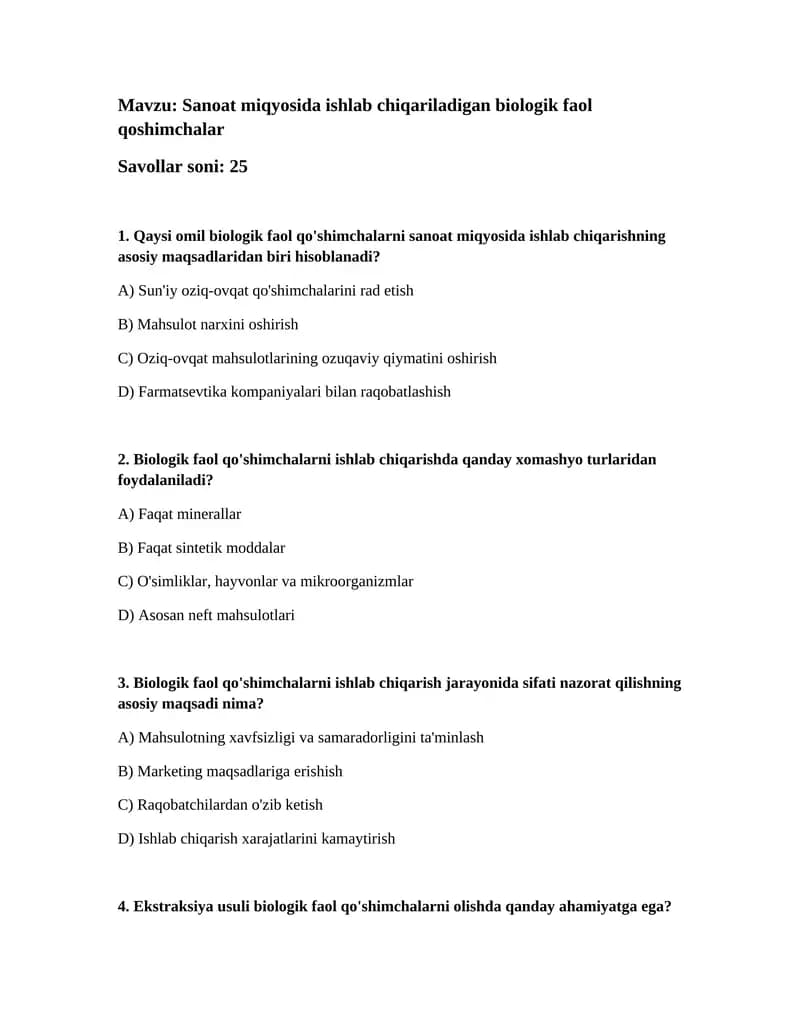 Biologik faol qo'shimchalarni ishlab chiqarish
