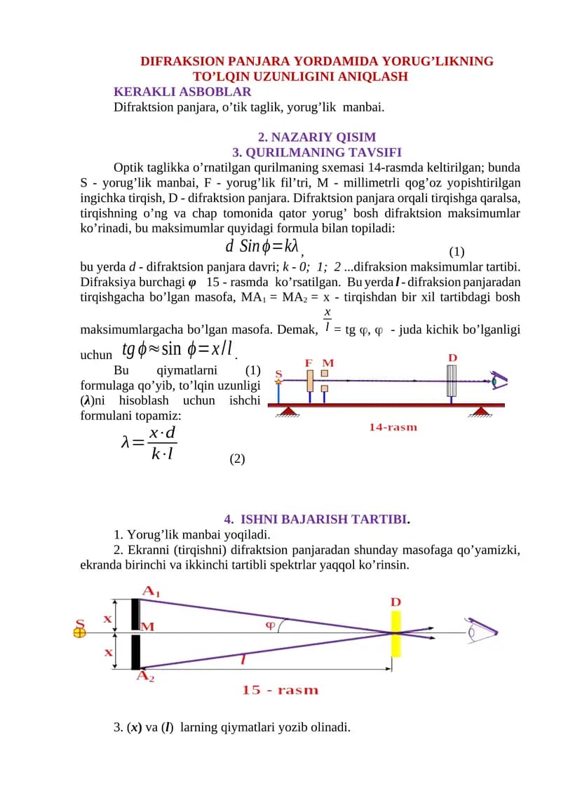 DIFRAKSION PANJARA YORDAMIDA YORUG’LIKNING TO’LQIN UZUNLIGINI ANIQLASH