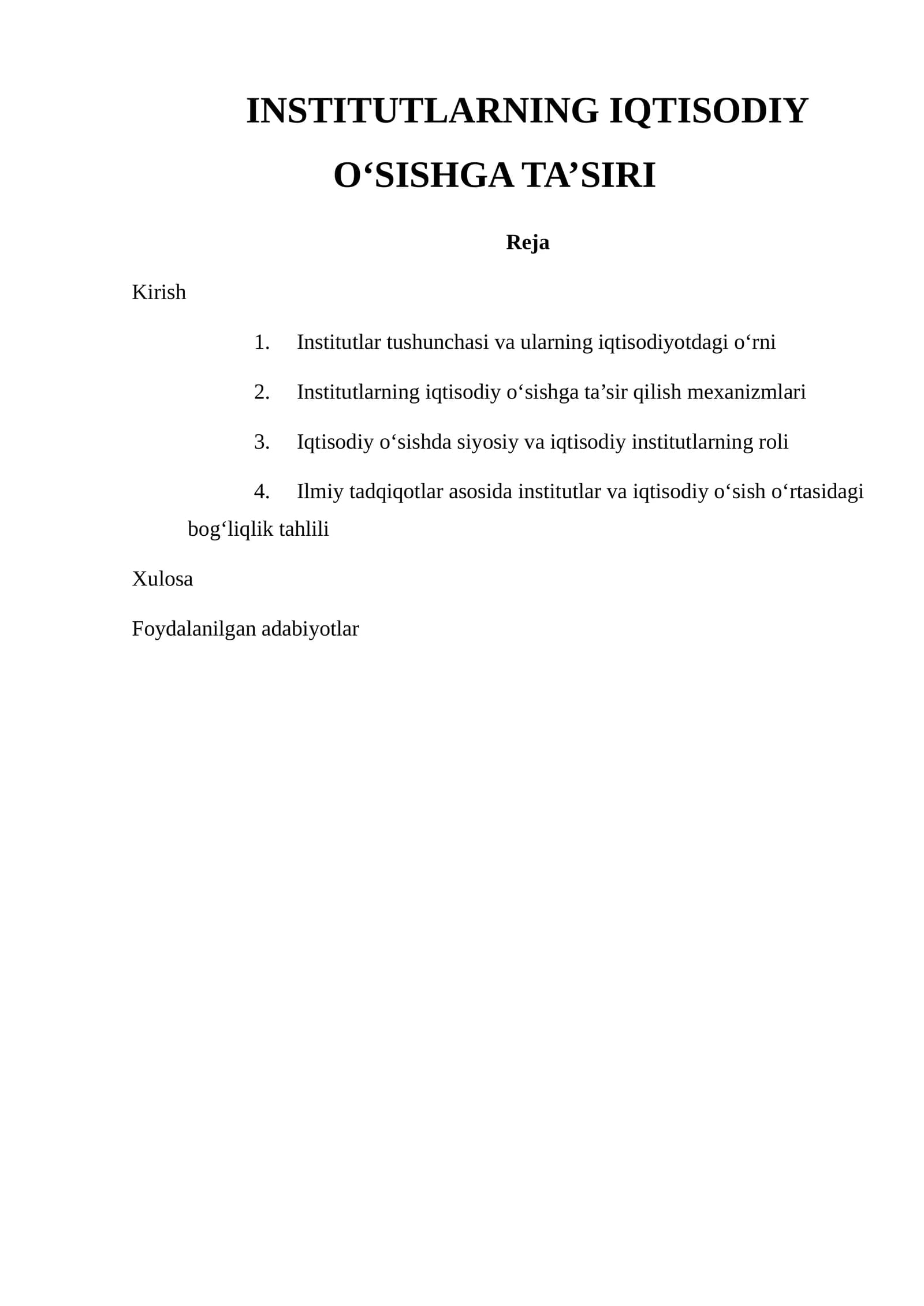 INSTITUTLARNING IQTISODIY O‘SISHGA TA’SIRI