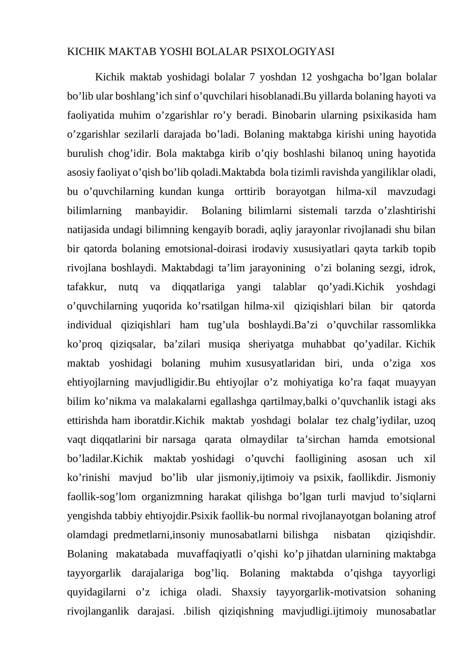 KICHIK MAKTAB YOSHI BOLALAR PSIXOLOGIYASI
