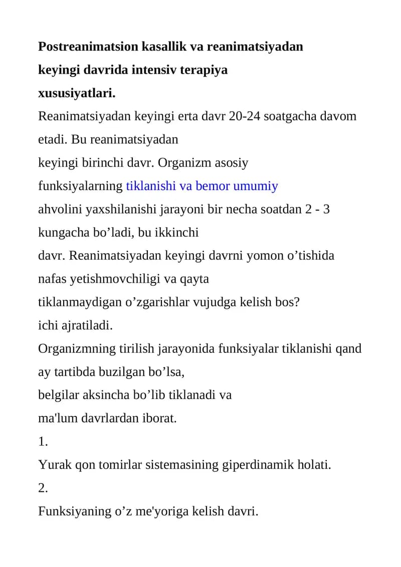 Postreanimatsion kasallikvareanimatsiyadan keyingidavridaintensivterapiya xususiyatlari