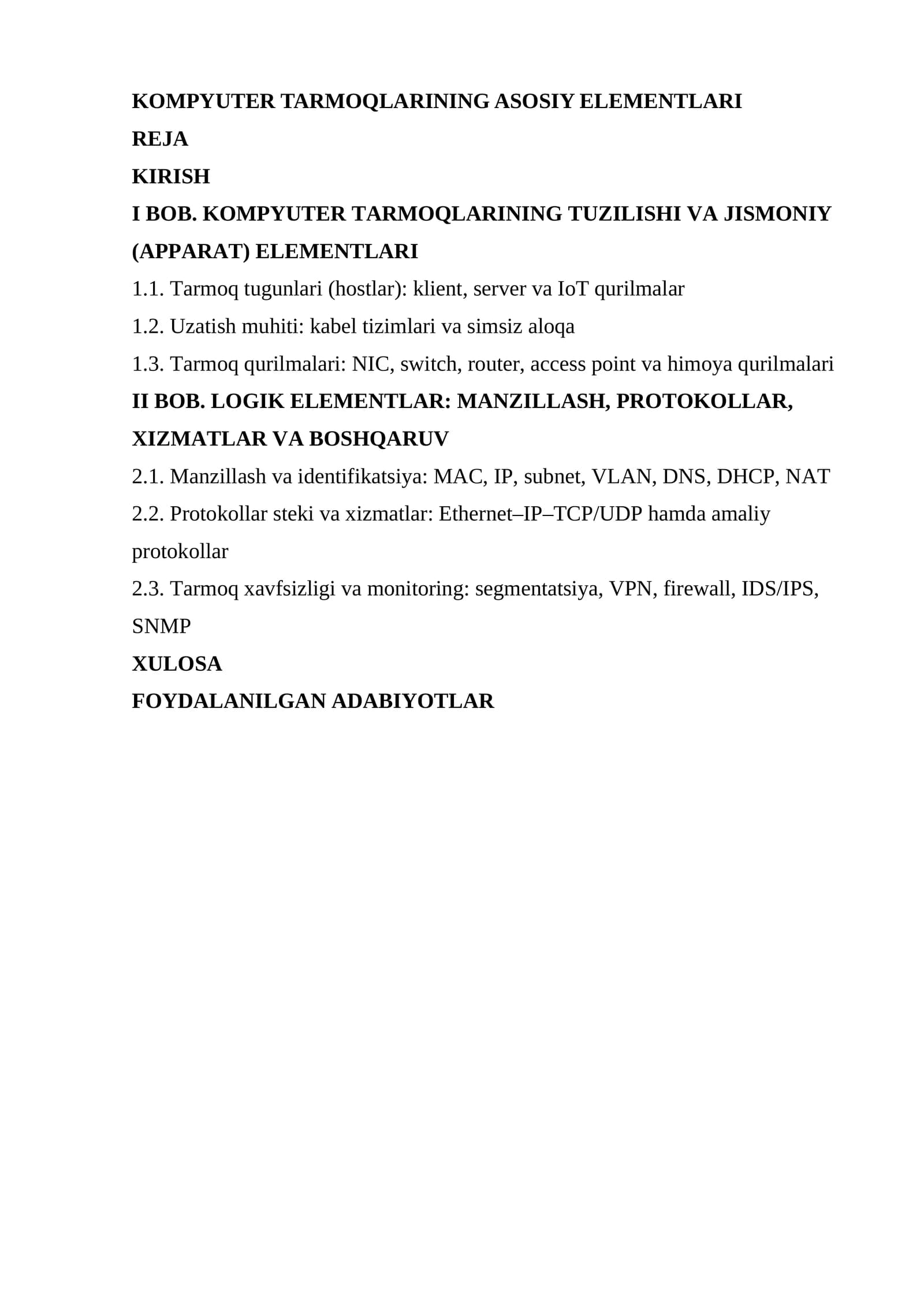 KOMPYUTER TARMOQLARINING ASOSIY ELEMENTLARI