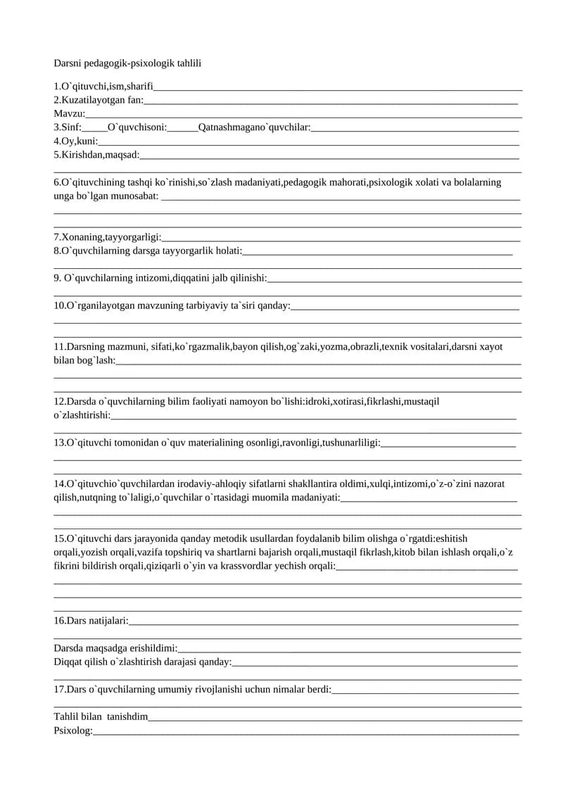 Darsni pedagogik-psixologik tahlili