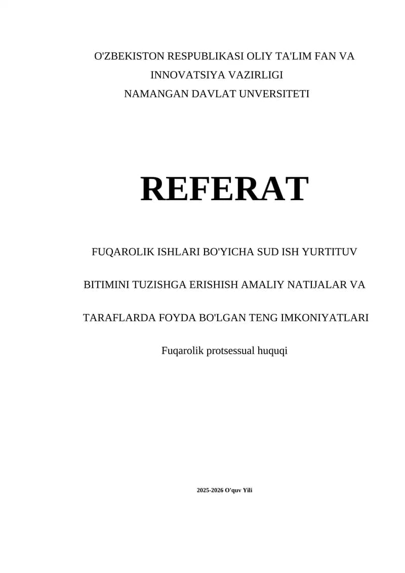 Fuqarolik Ishlari Bo'yicha Sud Ish Yurtituvini Tuzish