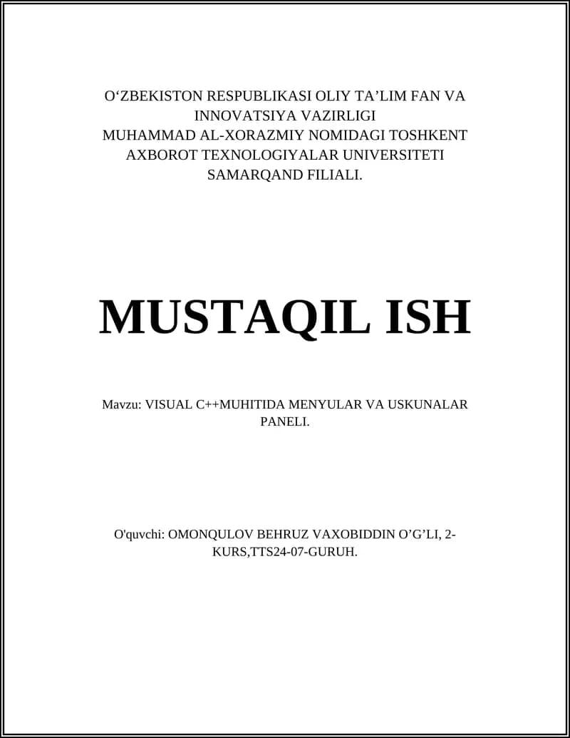 VISUAL C++MUHITIDA MENYULAR VA USKUNALAR PANELI