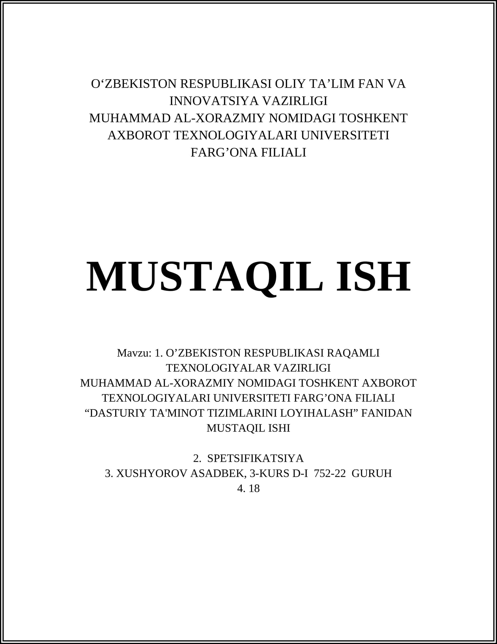 DASTURIY TA'MINOT TIZIMLARINING LOYIHALASH
