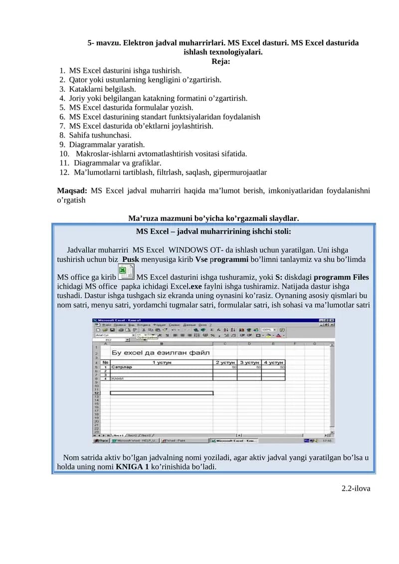 Elektron jadval muharrirlari. MS Excel dasturi
