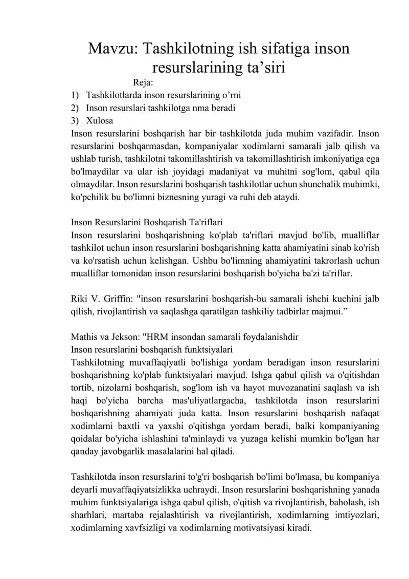 Tashkilotning ish sifatiga inson resurslarining ta’siri