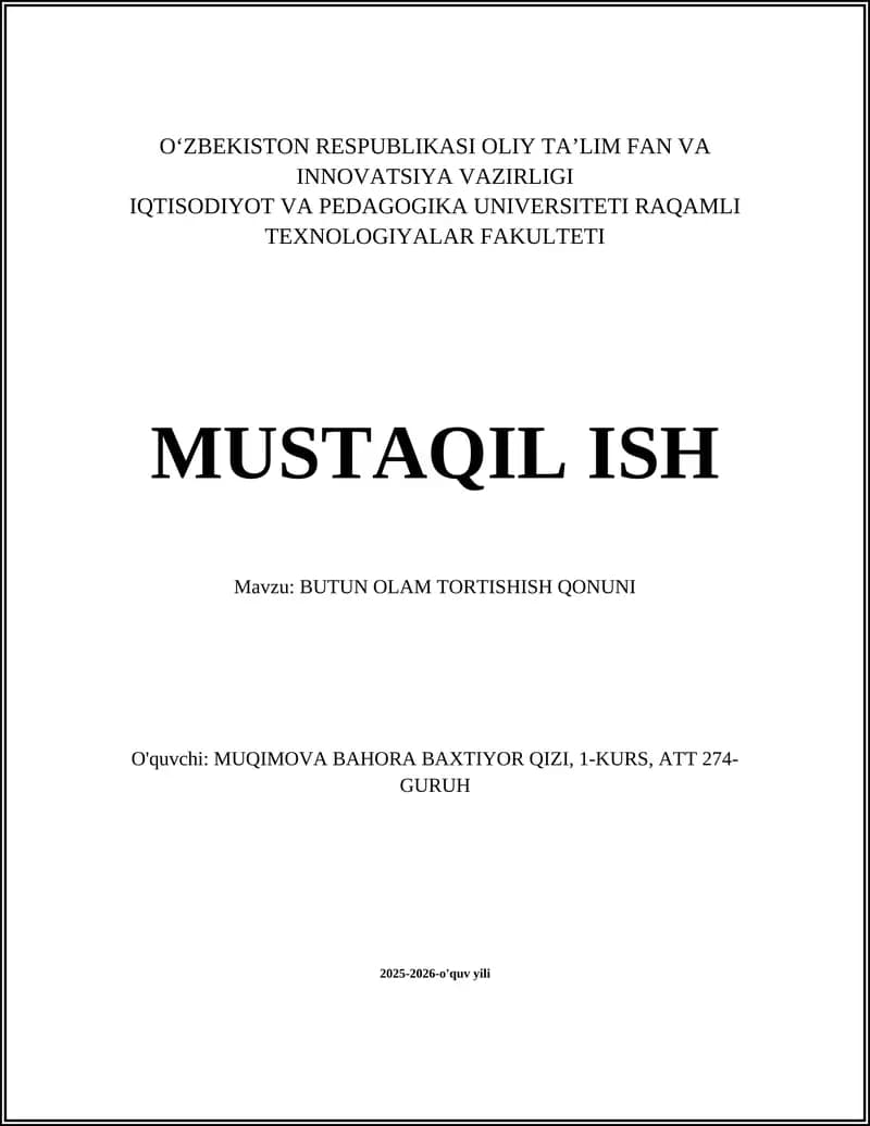 BUTUN OLAM TORTISHISH QONUNI