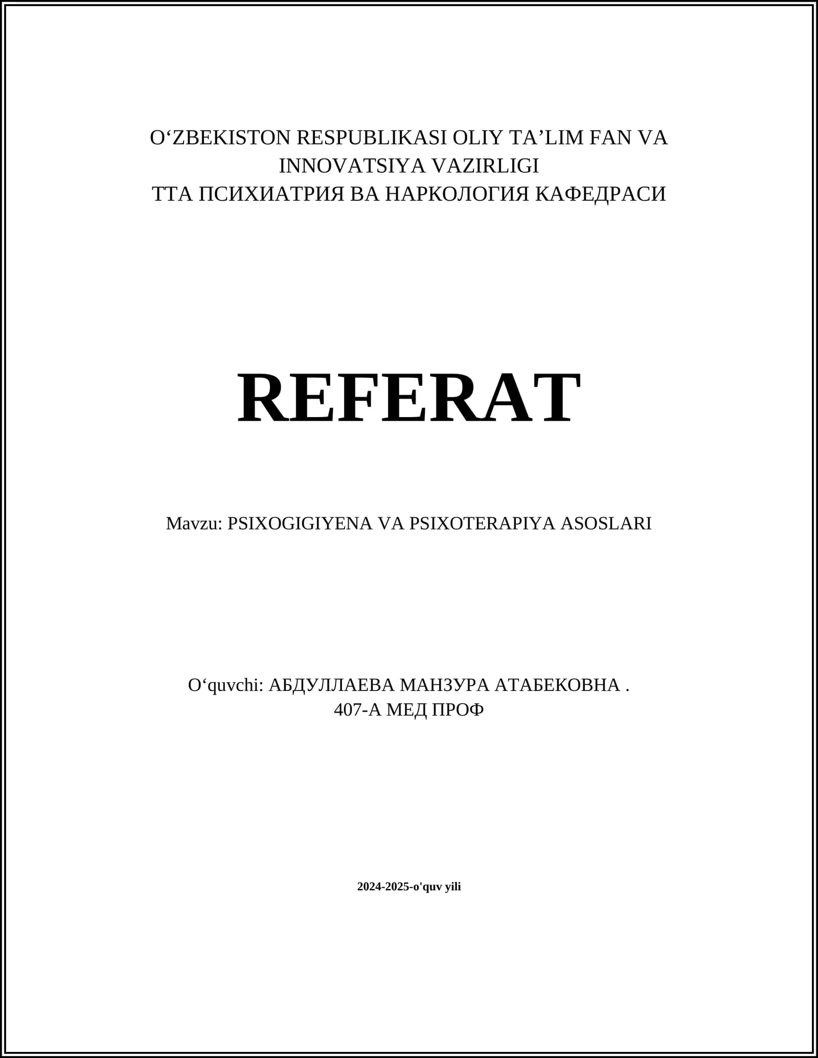 PSIXOGIGIYENA VA PSIXOTERAPIYA ASOSLARI
