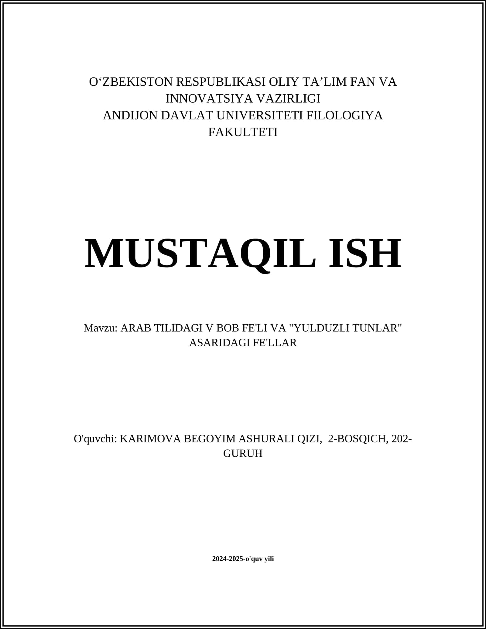ARAB TILIDAGI V BOB FE'LI VA "YULDUZLI TUNLAR" ASARIDAGI FE'LLAR