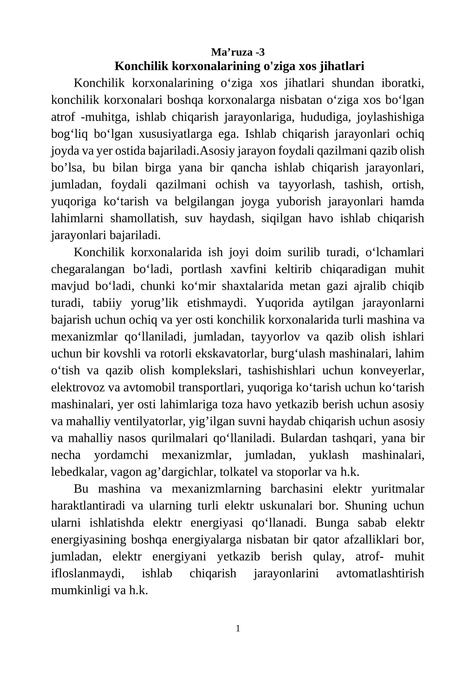 Konchilik korxonalarining o'ziga xos jihatlari