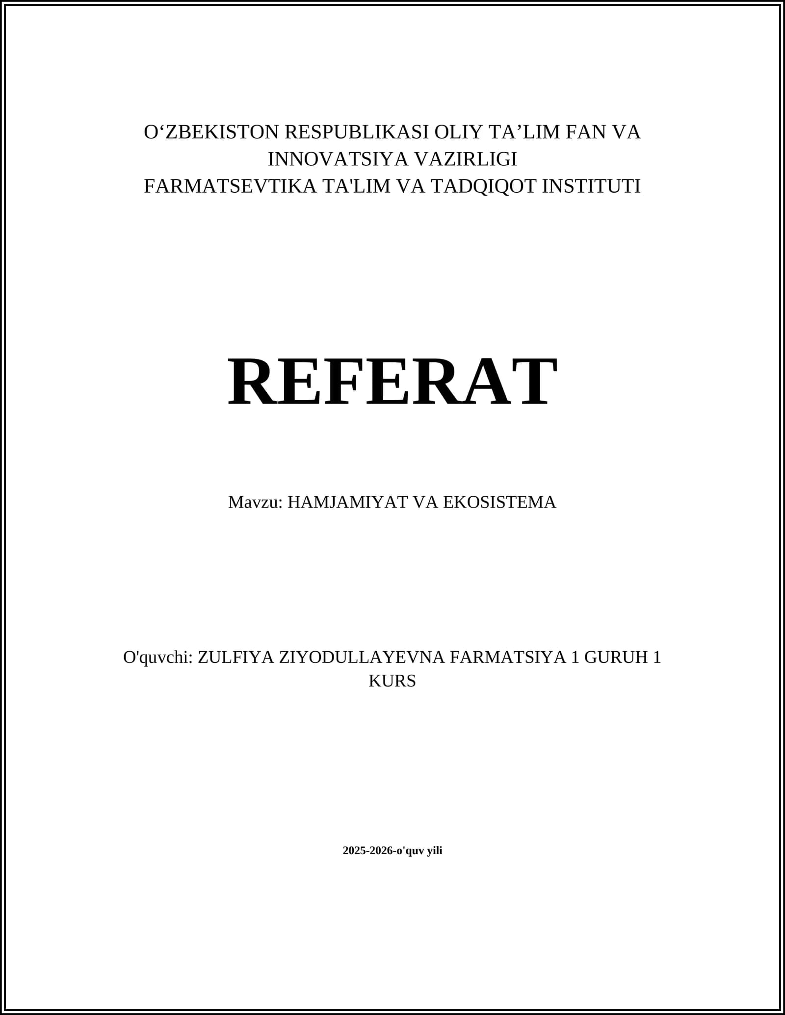 HAMJAMIYAT VA EKOSISTEMA