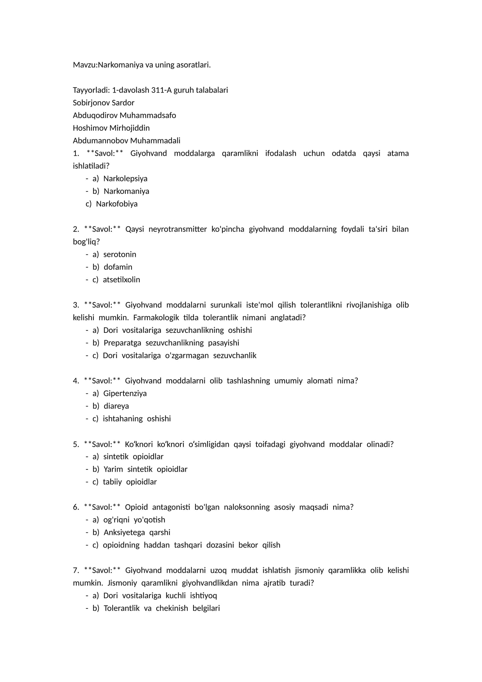 Narkomaniya va uning asoratlari