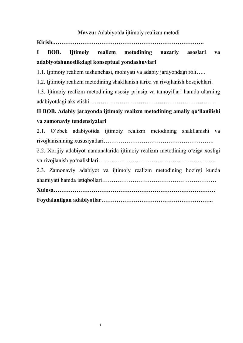 Adabiyotda ijtimoiy realizm metodi kurs ishi