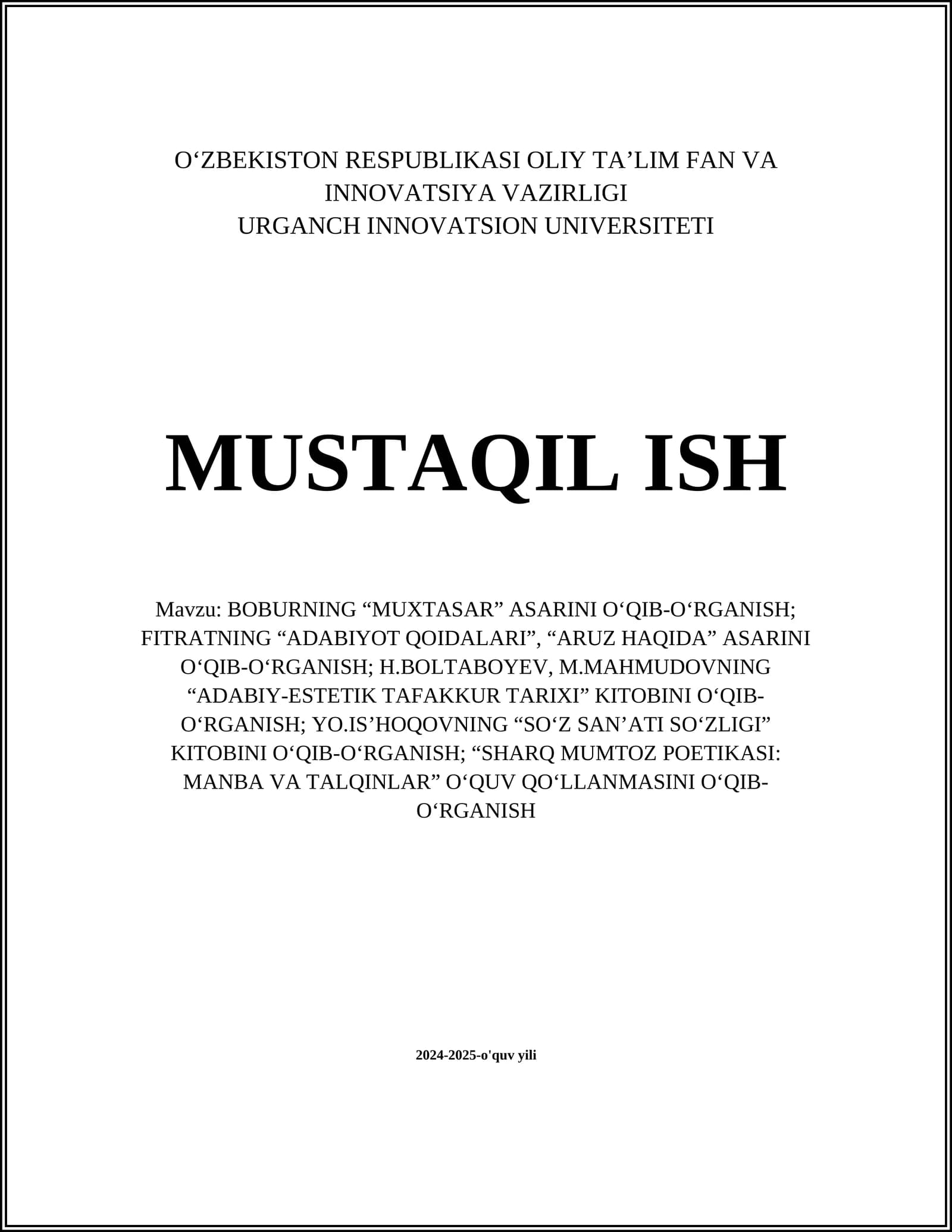 BOBURNING “MUXTASAR” ASARINI O‘QIB-O‘RGANISH