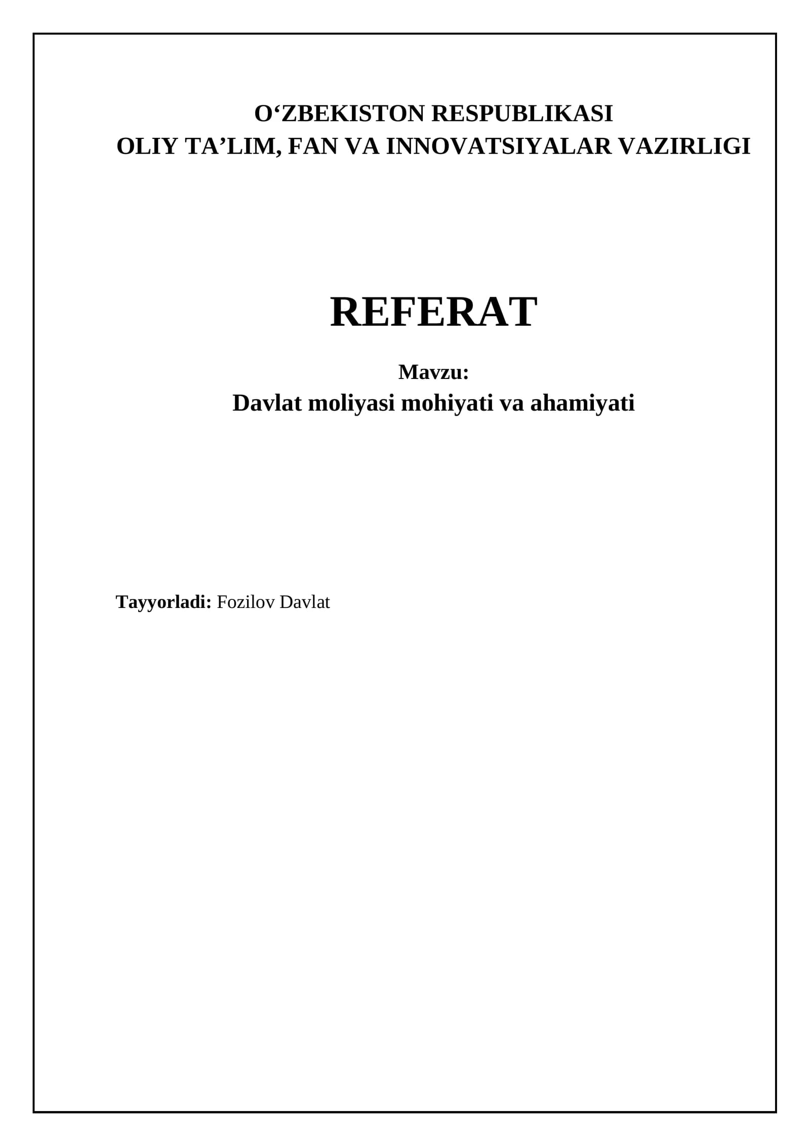 Davlat moliyasi mohiyati va ahamiyati