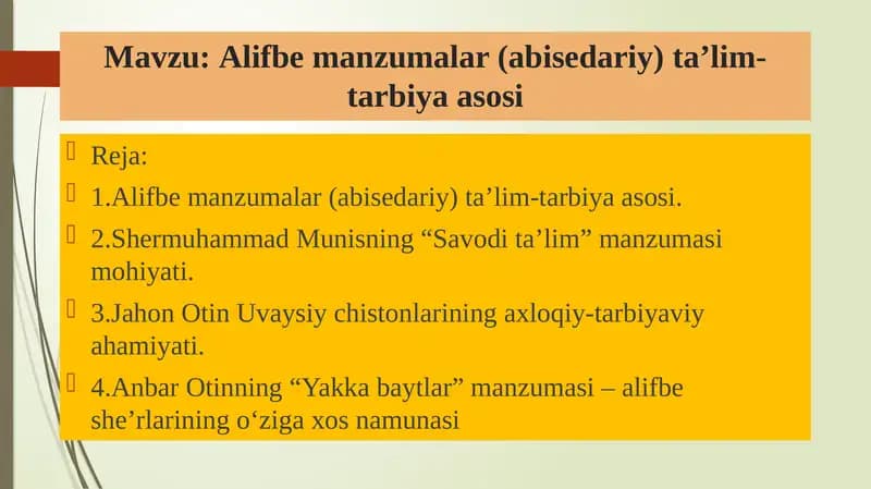 Alifbe manzumalar (abisedariy) ta’lim-tarbiya asosi