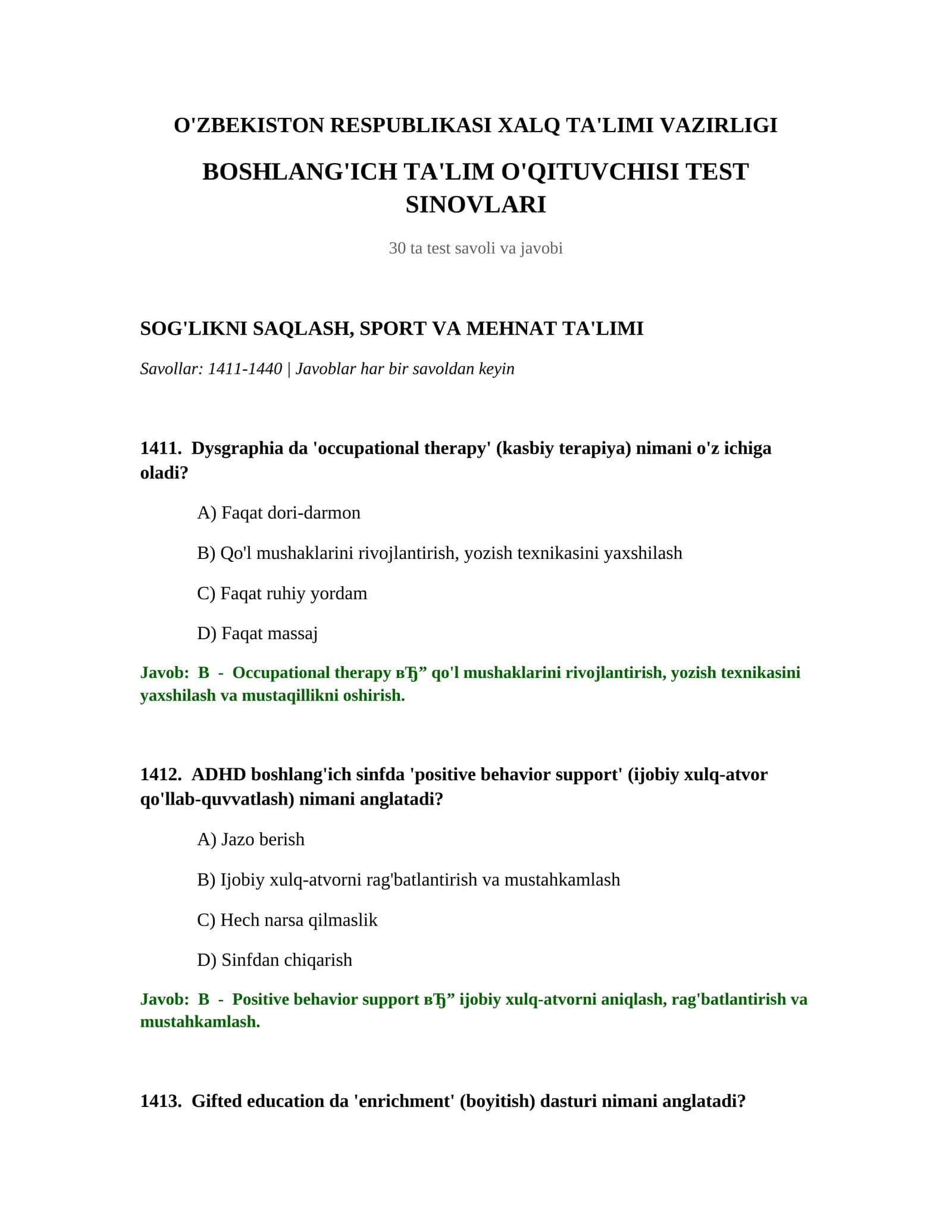BOSHLANG'ICH TA'LIM O'QITUVCHISI TEST SINOVLARI