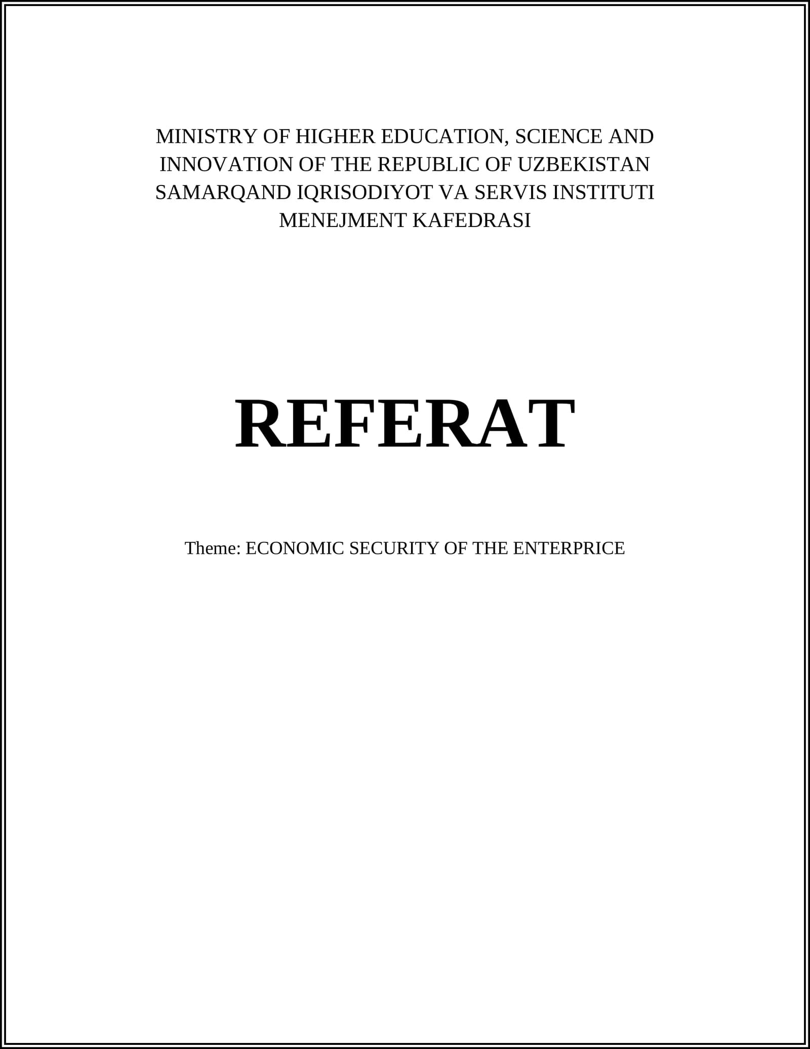 ECONOMIC SECURITY OF THE ENTERPRICE