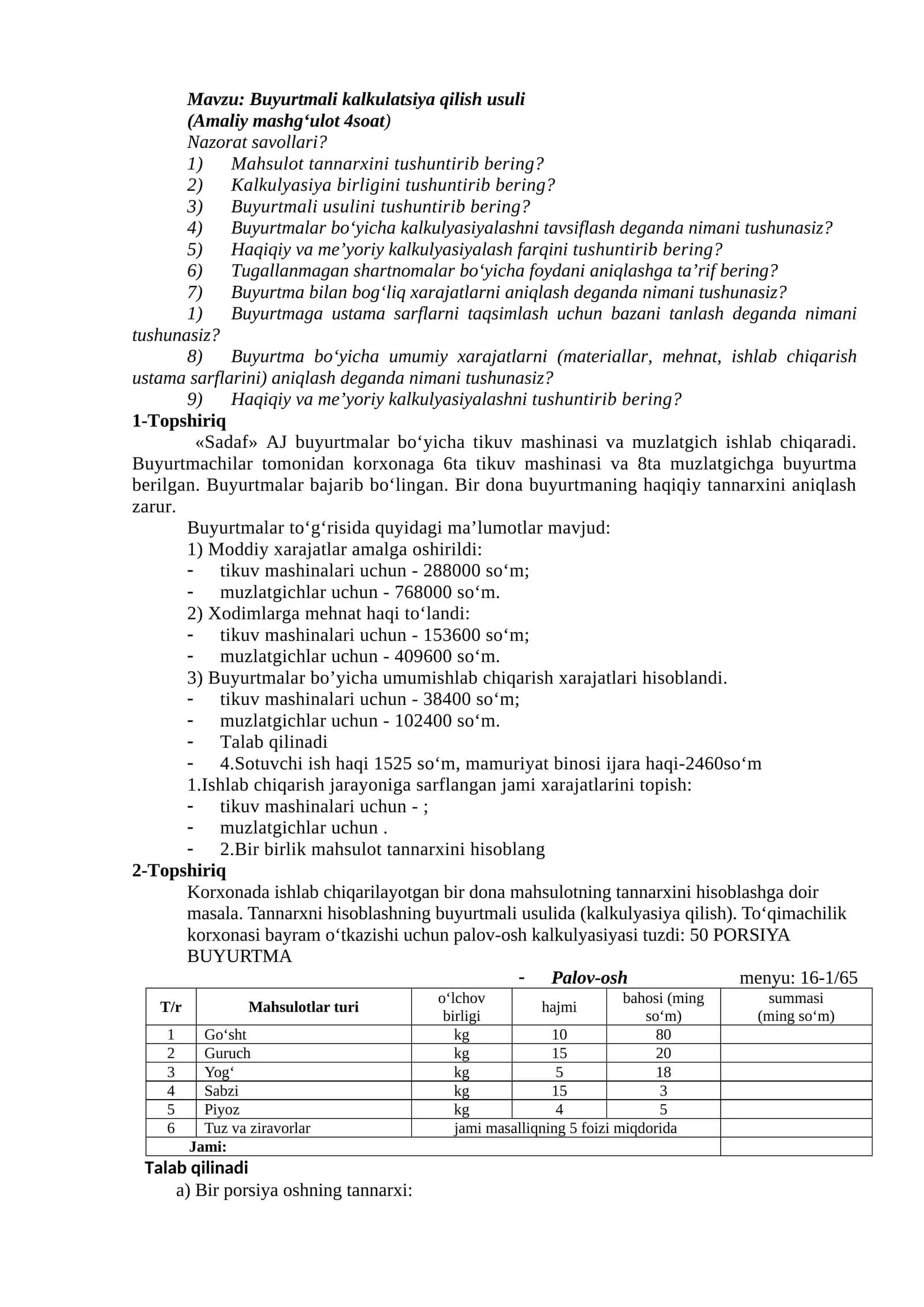 Buyurtmali kalkulatsiya qilish usuli