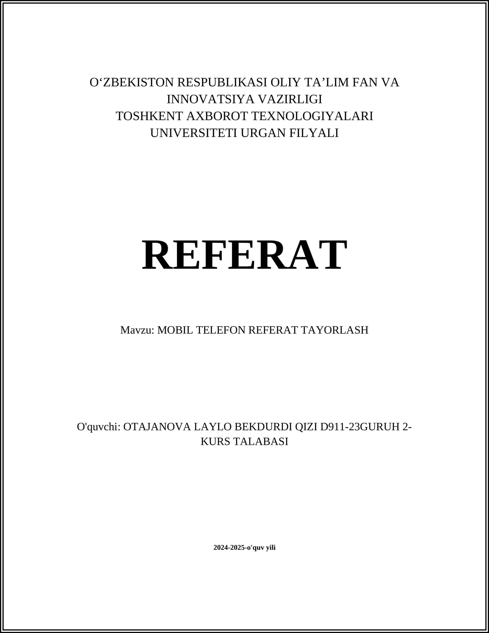 MOBIL TELEFON REFERAT TAYORLASH