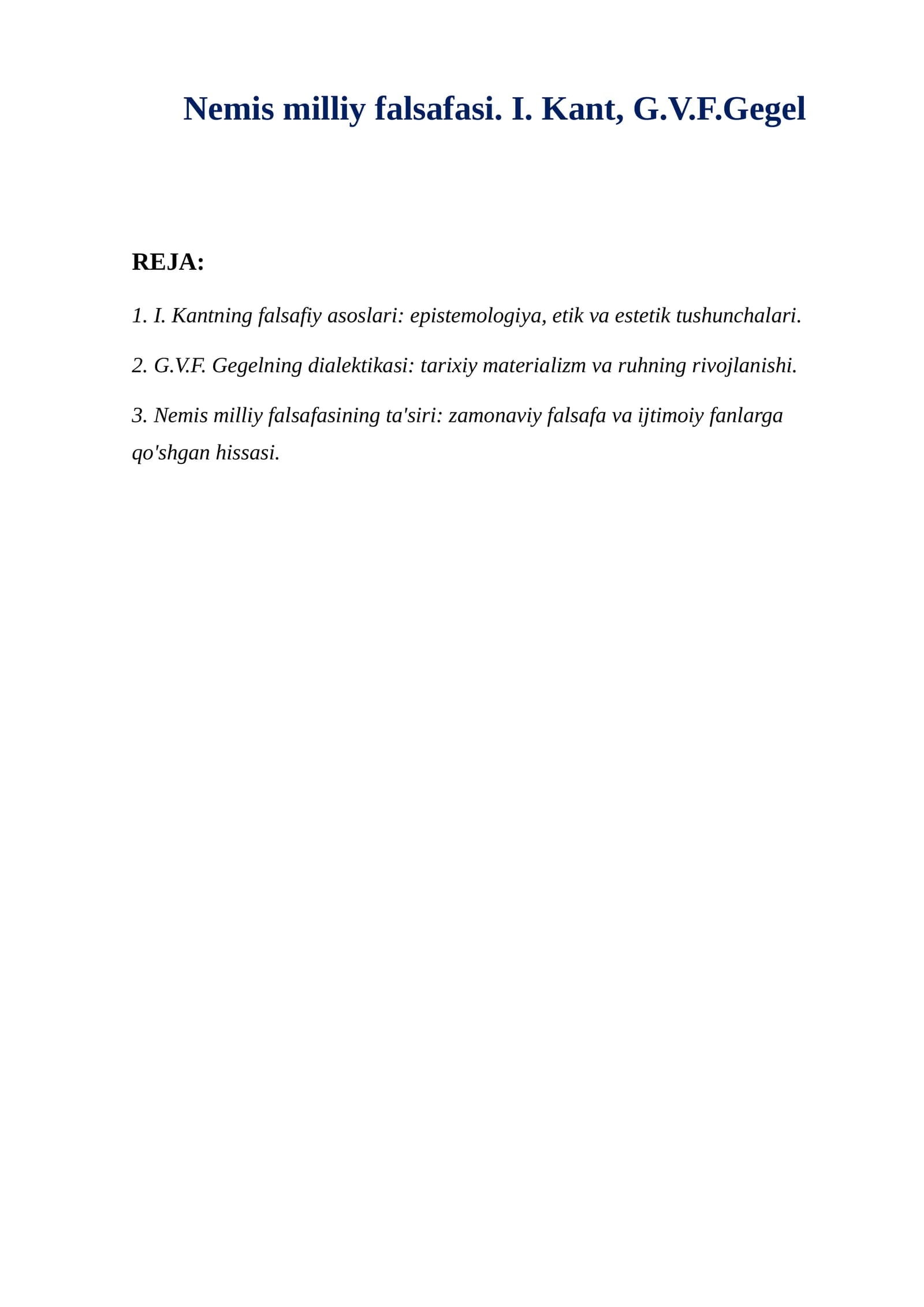 Nemis milliy falsafasi. I. Kant, G.V.F.Gegel
