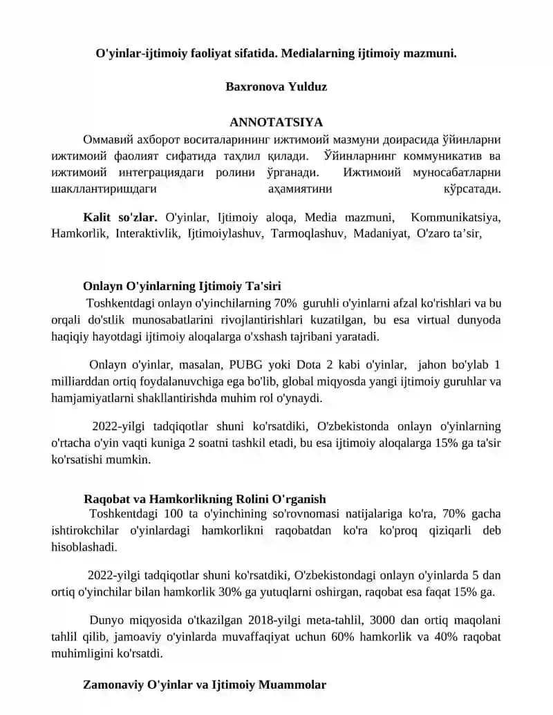 Onlayn O'yinlarning Ijtimoiy Ta'siri