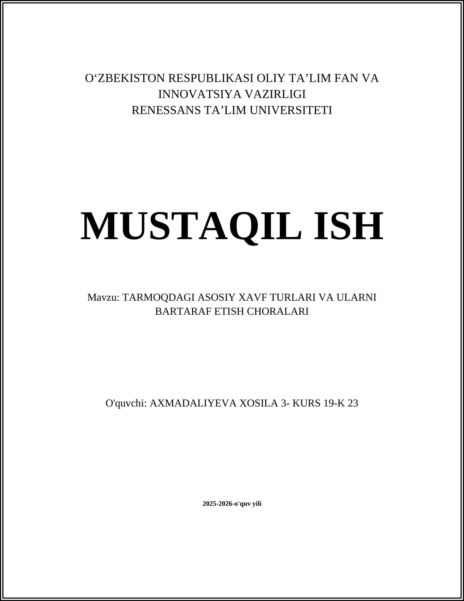 TARMOQDAGI ASOSIY XAVF TURLARI VA ULARNI BARTARAF ETISH CHORALARI