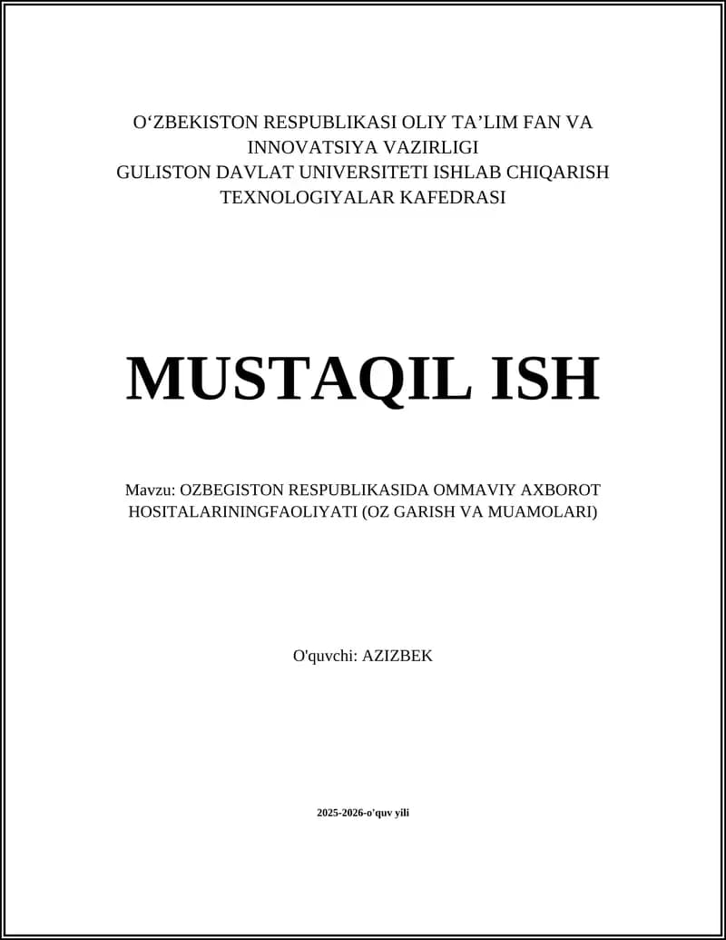 O’ZBEKISTON RESPUBLIKASI OLIY TA’LIM FAN VA INNOVATSIYA VAZIRLIGI
