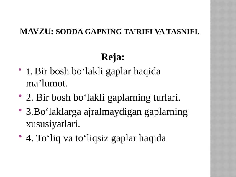 Sodda Gapning Ta'rifi va Tasnifi