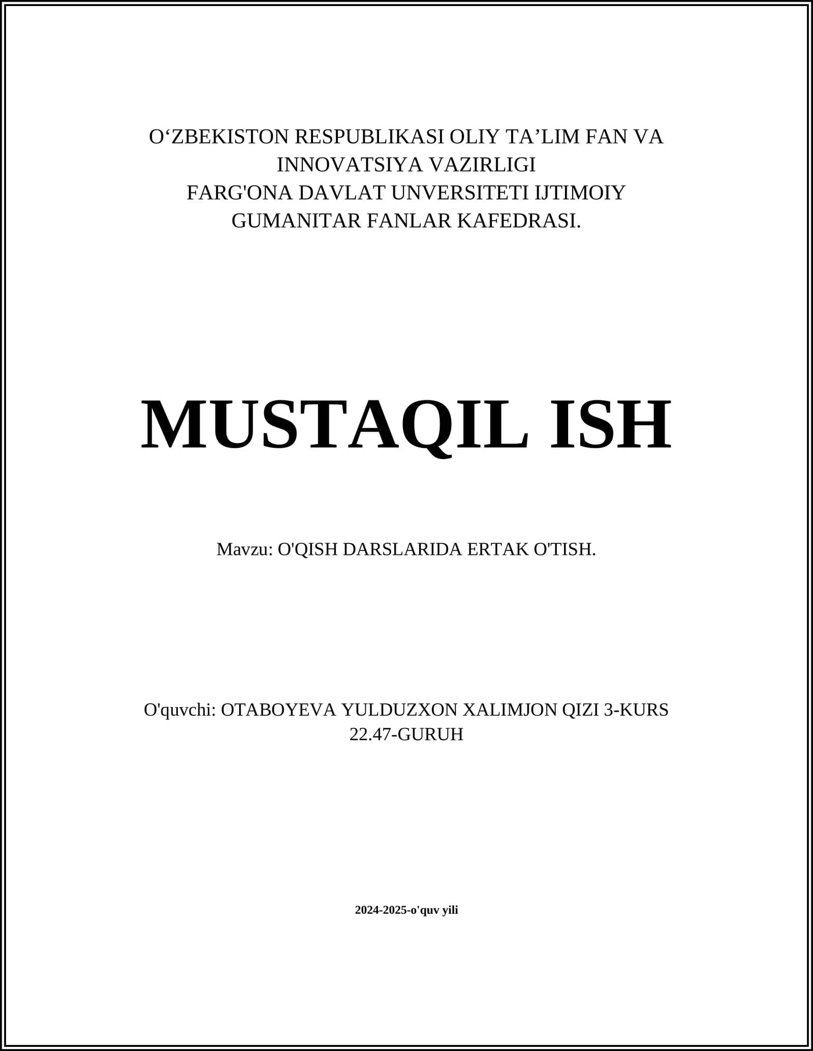 O'QISH DARSLARIDA ERTAK O'TISH