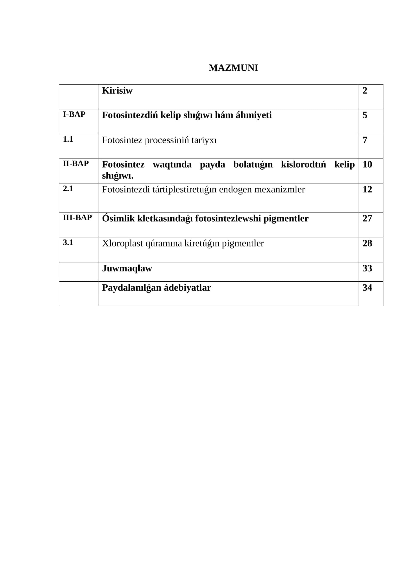 Plastida pigmentleri hám fotosintezdiń róli