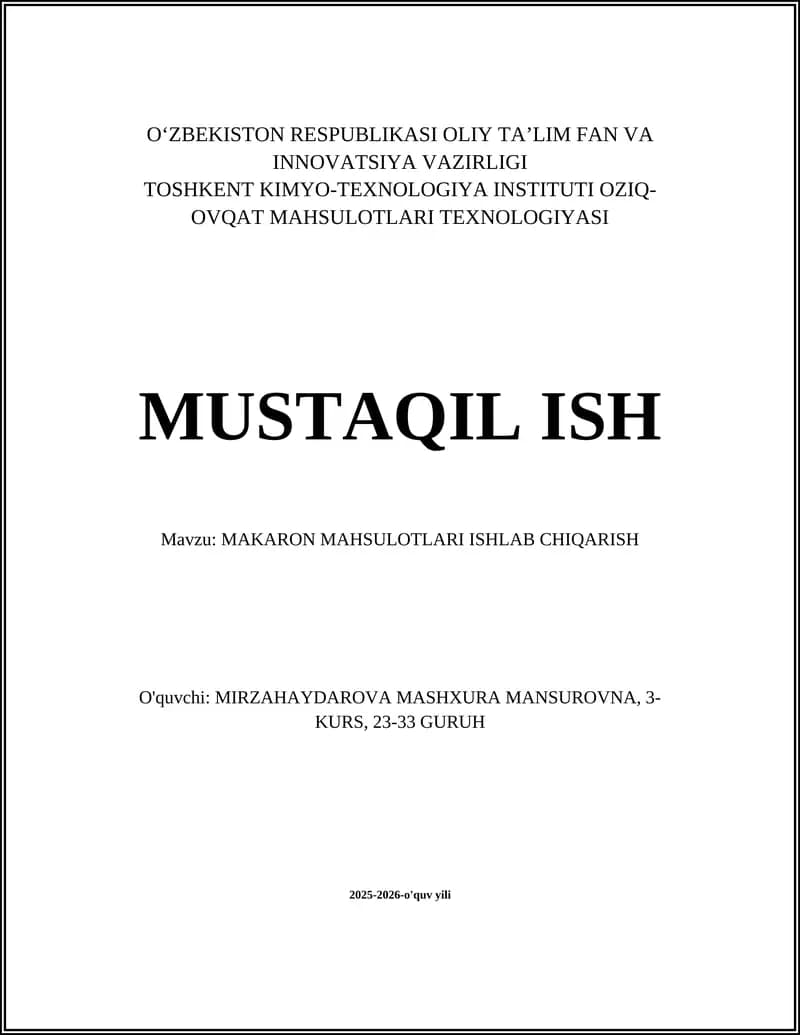 MAKARON MAHSULOTLARI ISHLAB CHIQARISH