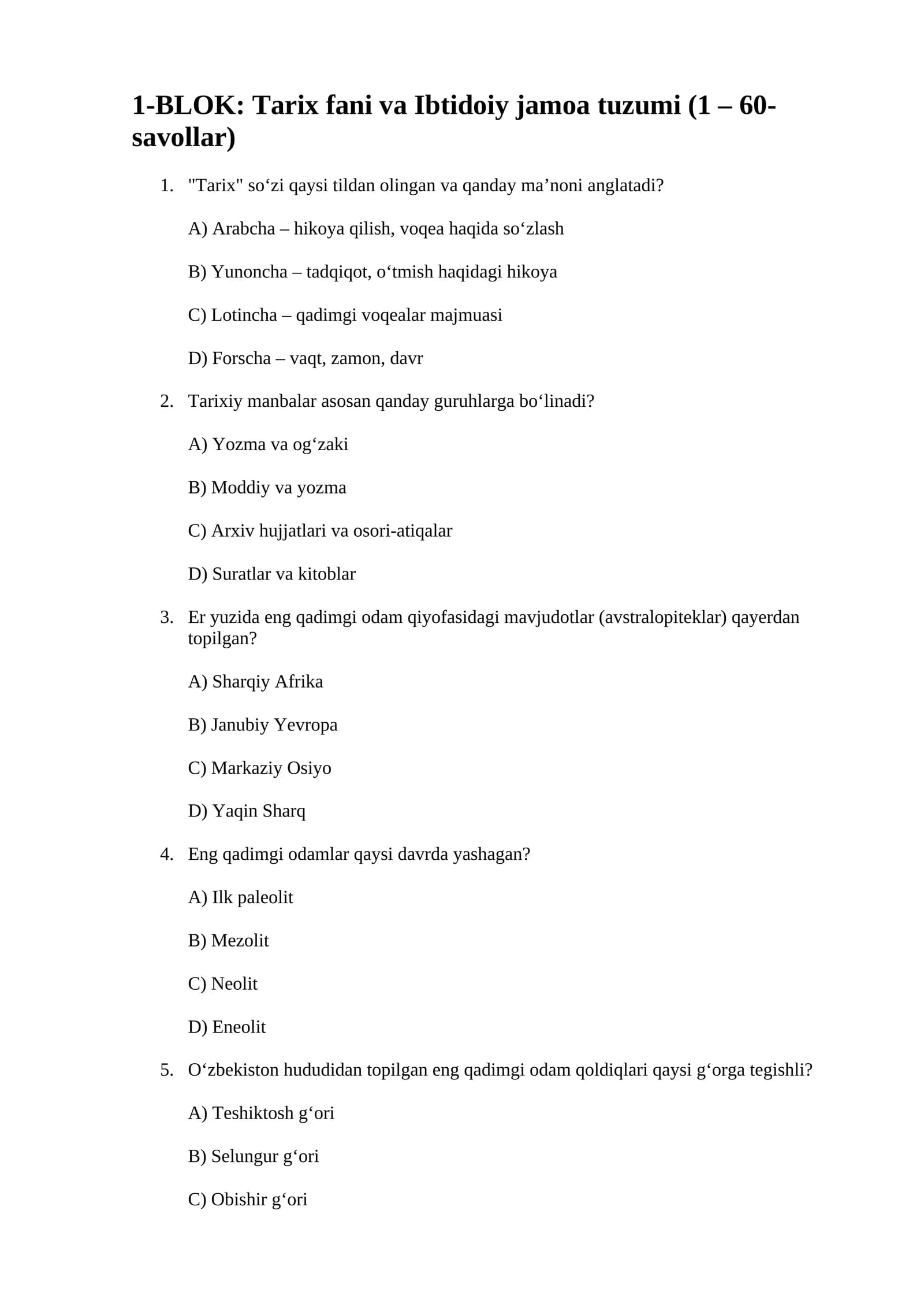 6-sinf Tarix fanidan DTMga tushadigan test kitobcha