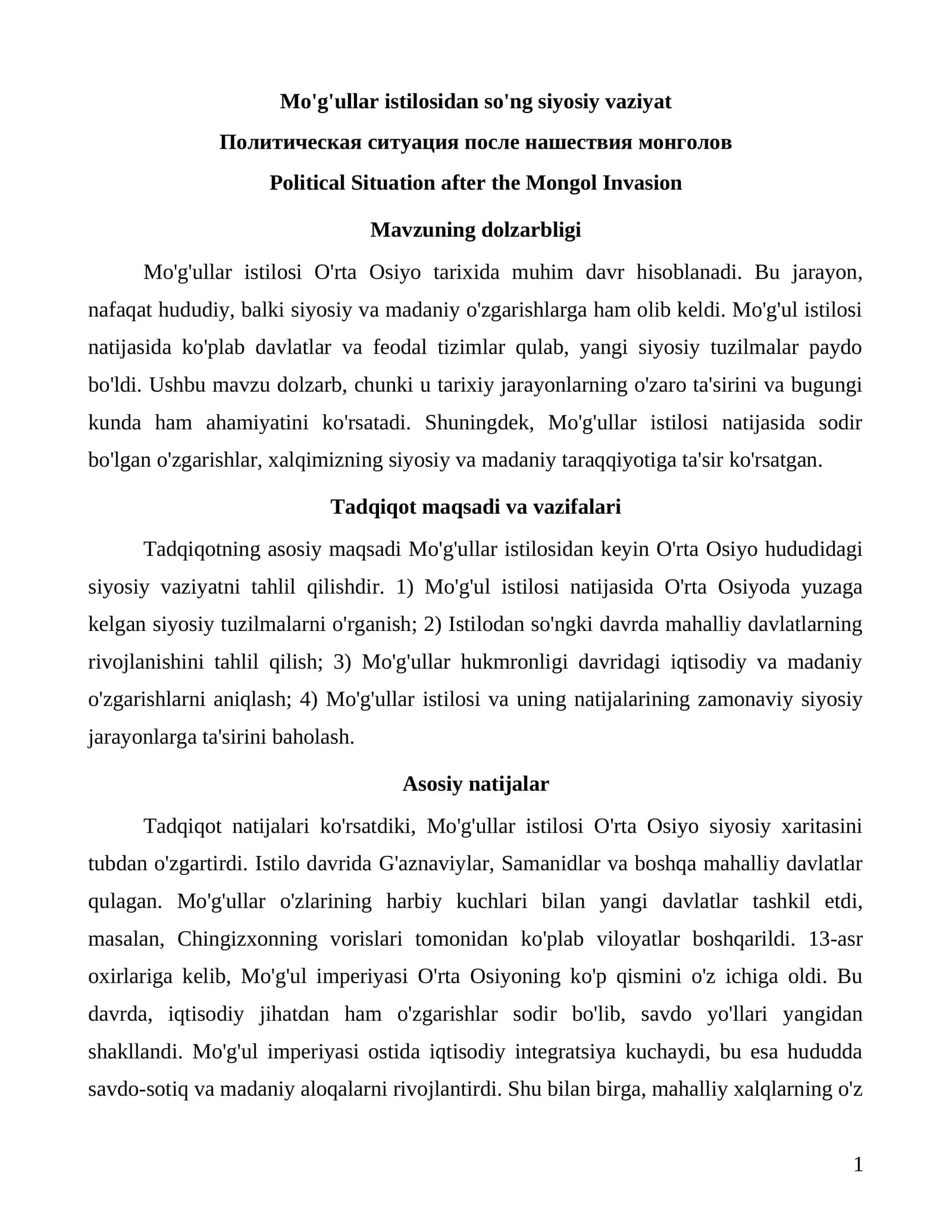 Mo'g'ullar istilosi O'rta Osiyo tarixida muhim davr hisoblanadi
