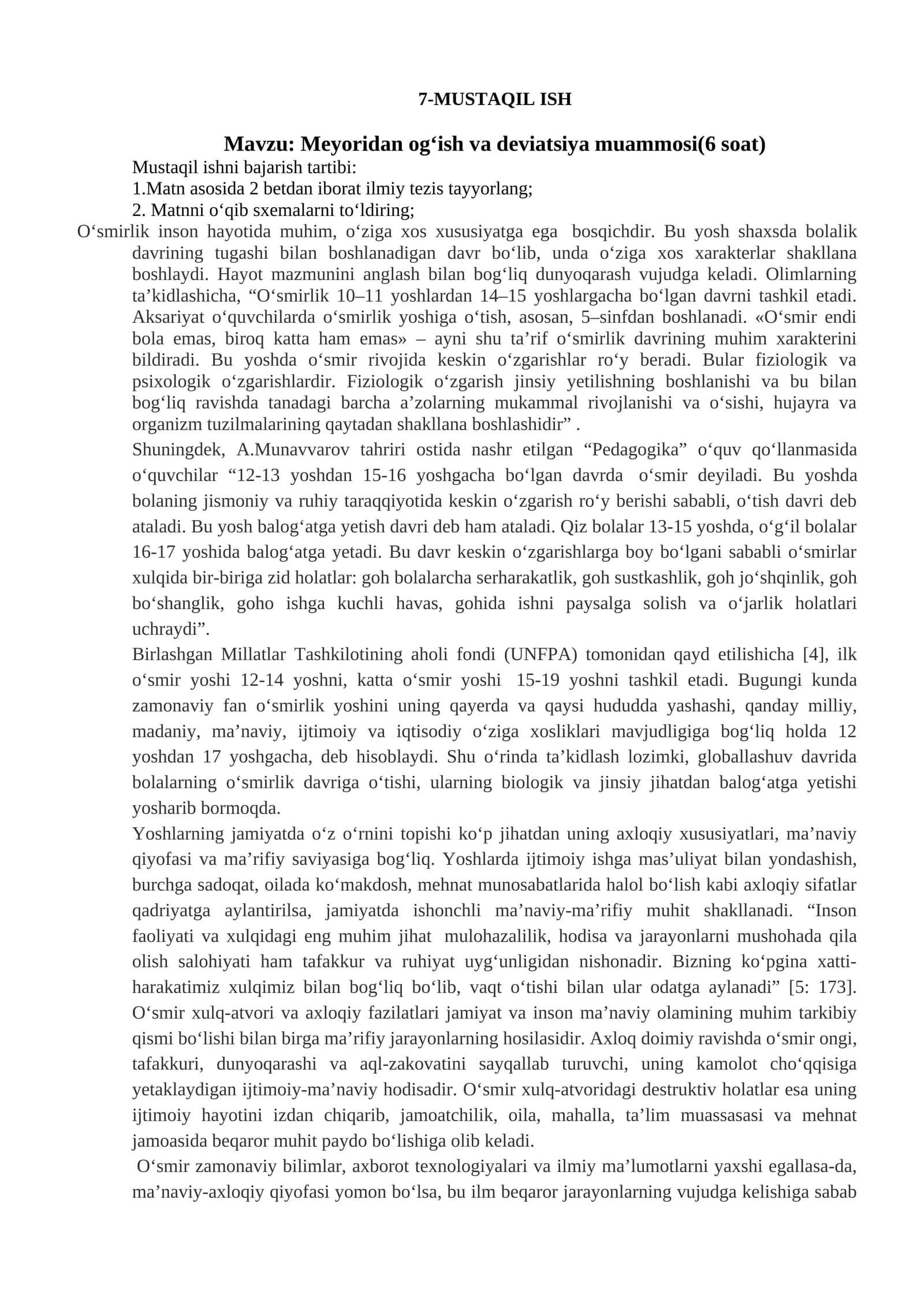 Meyoridan og‘ish va deviatsiya muammosi