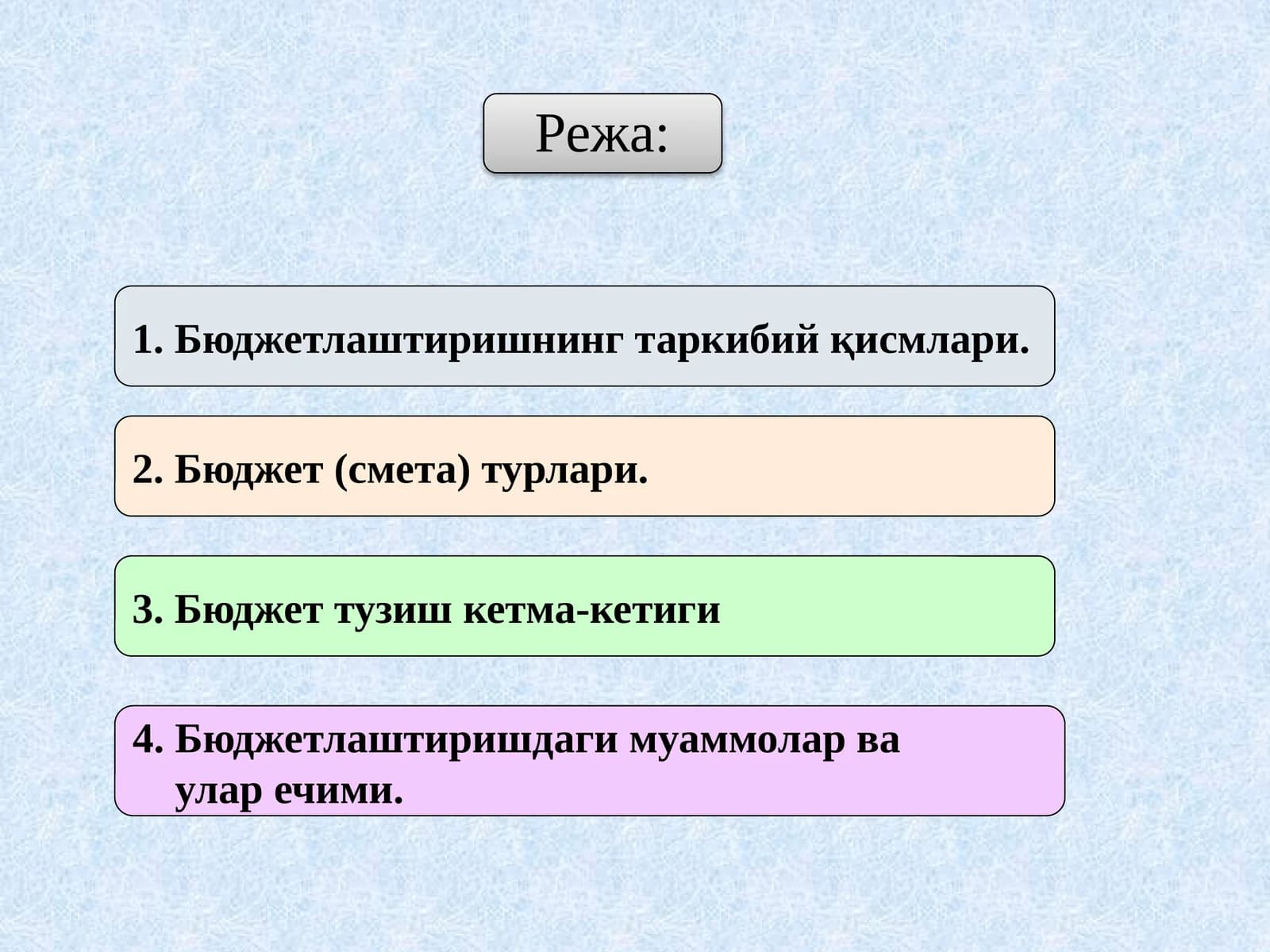 Бюджетлаштиришнинг таркибий қисмлари