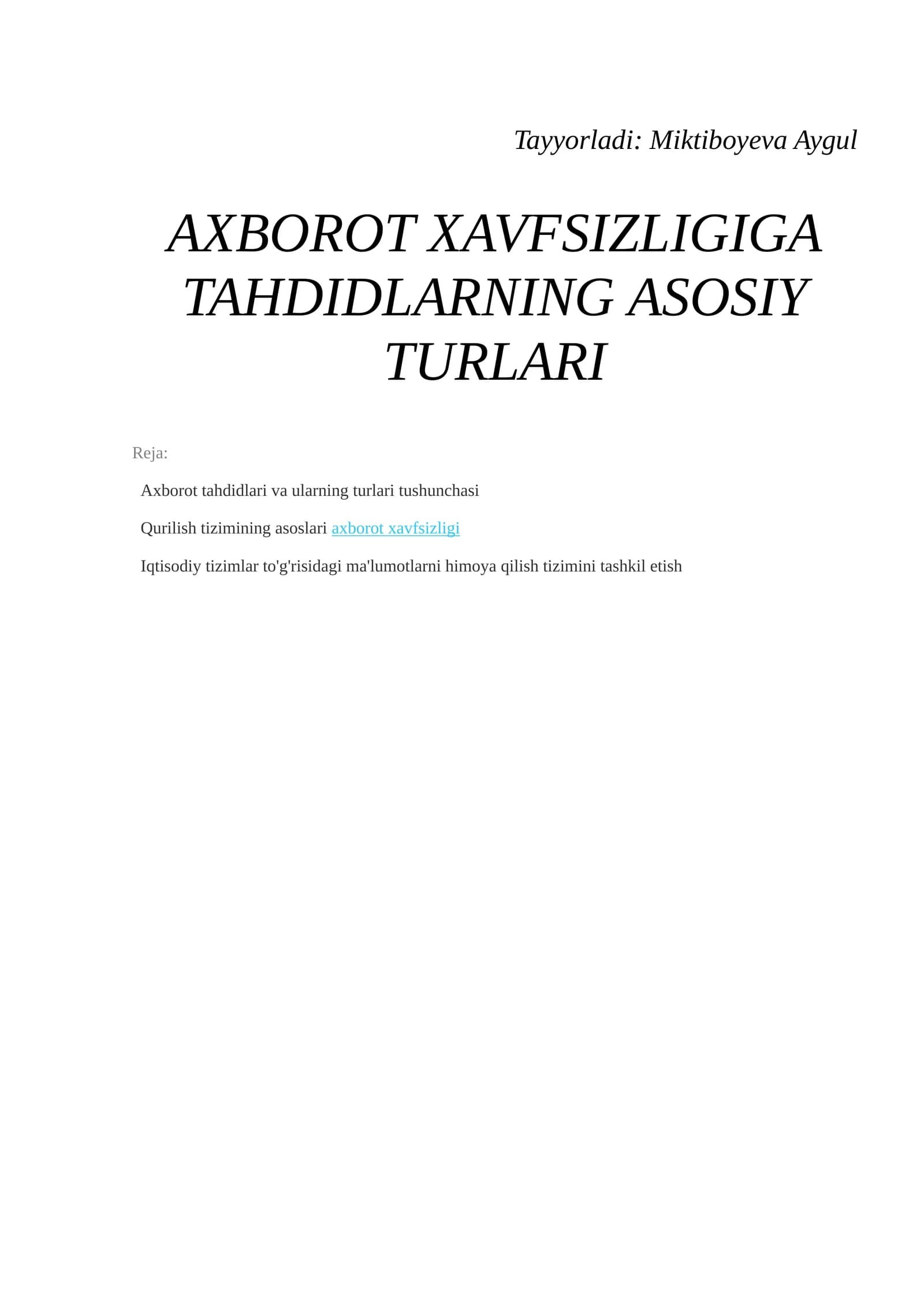 Axborot Xavfsizligi va Tahdidlar