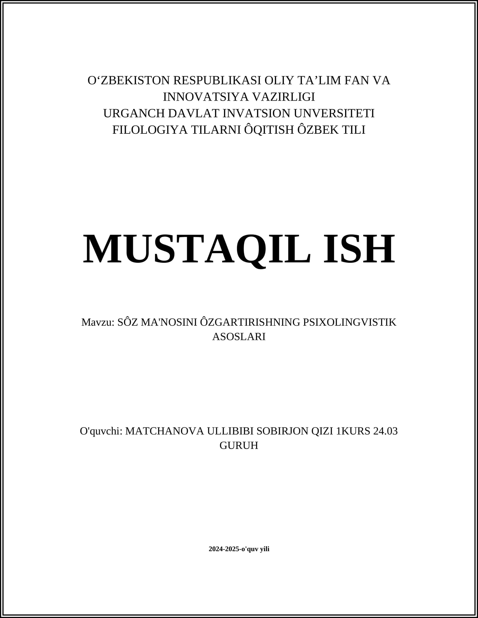 SÔZ MA'NOSINI ÔZGARTIRISHNING PSIXOLINGVISTIK ASOSLARI